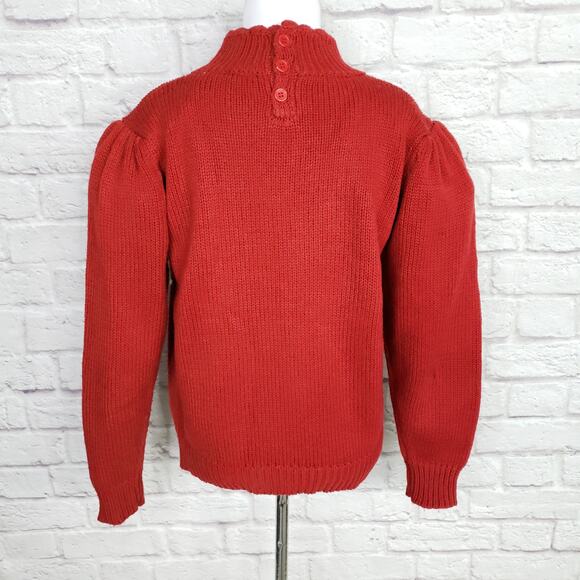 Vintage Red Puff Sleeve Sweater High Neck Button Detail Teapot Cottagecore Sz S - Picture 2 of 14